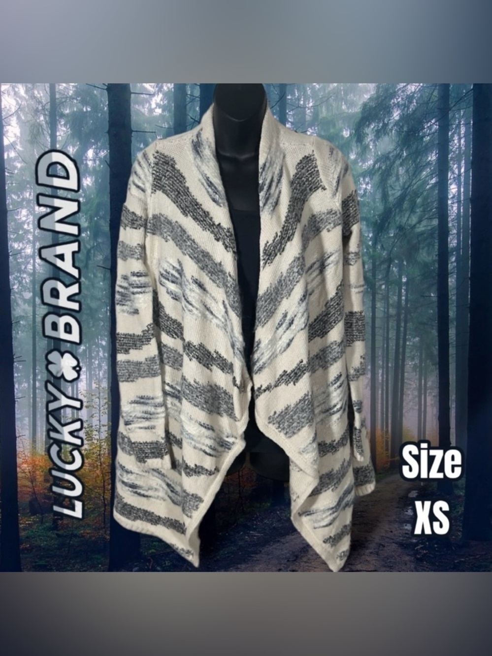 Lucky Brand Womens Waterfall Long Cardigan Cream Blue Cotton Wool Blend Size XS